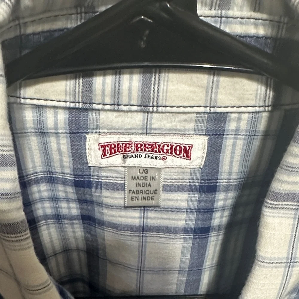True Religion White and Blue Plaid Button-Down Shirt